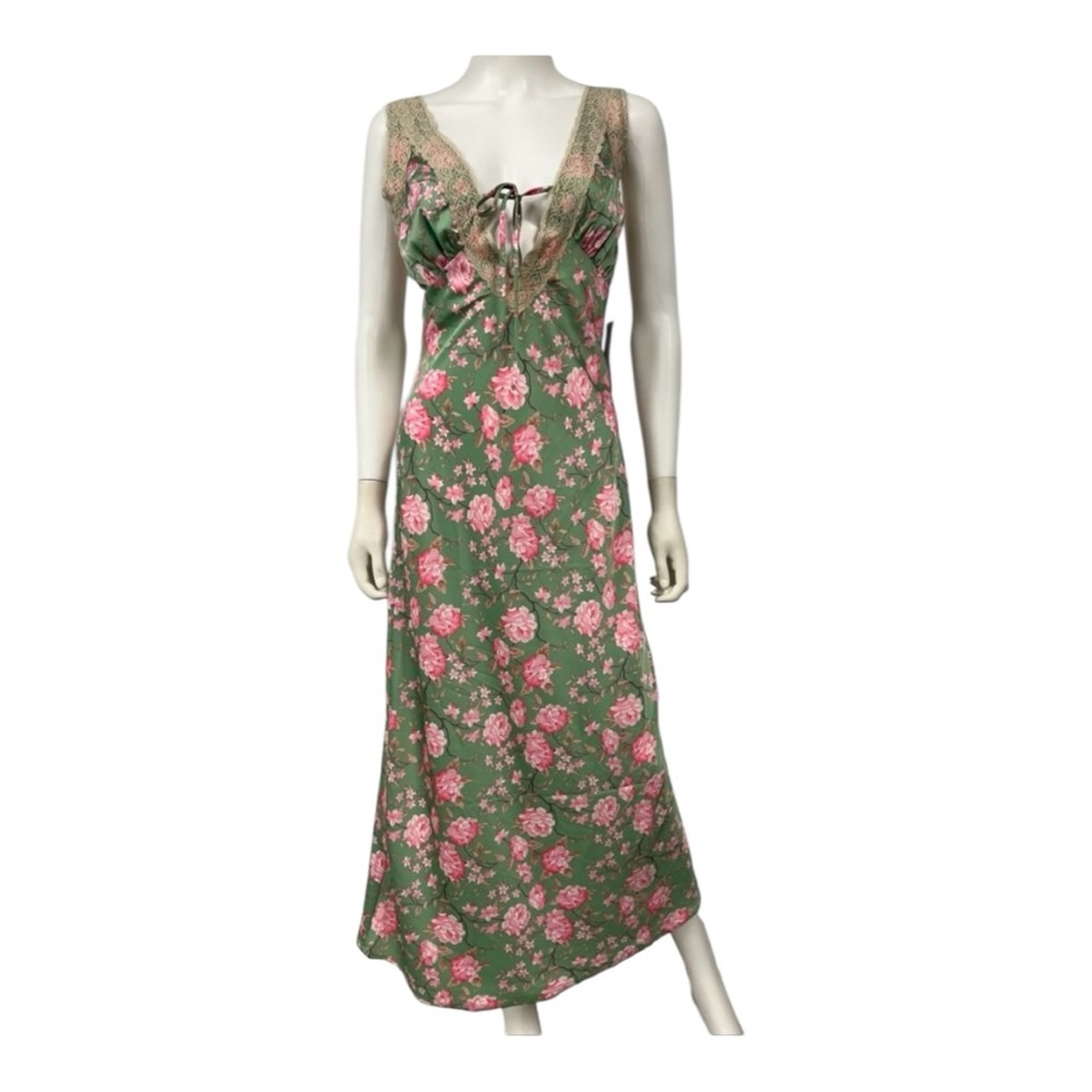 Floral Lace-Trim Midi Dress in Green and Pink